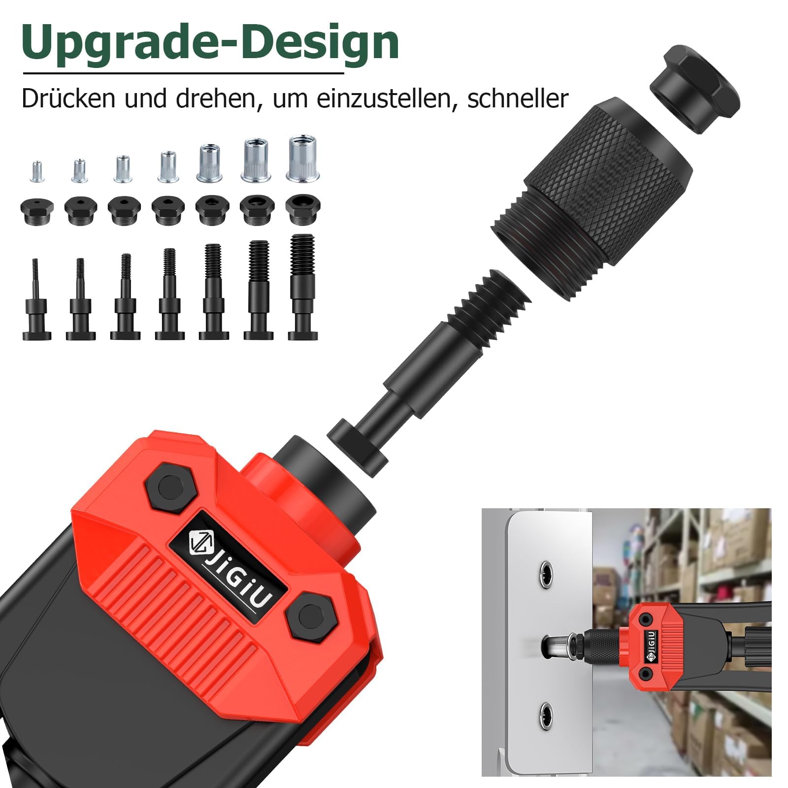 JiGiU Chiave per Inserti Filettati, 13 Pollici, Rossa, Kit 110 Pezzi Design Rivoluzionario a Inserimento Rapido - 7 Mandrini (M3-M12) e Valigetta Portatile - Perfetta per Fai-da-Te