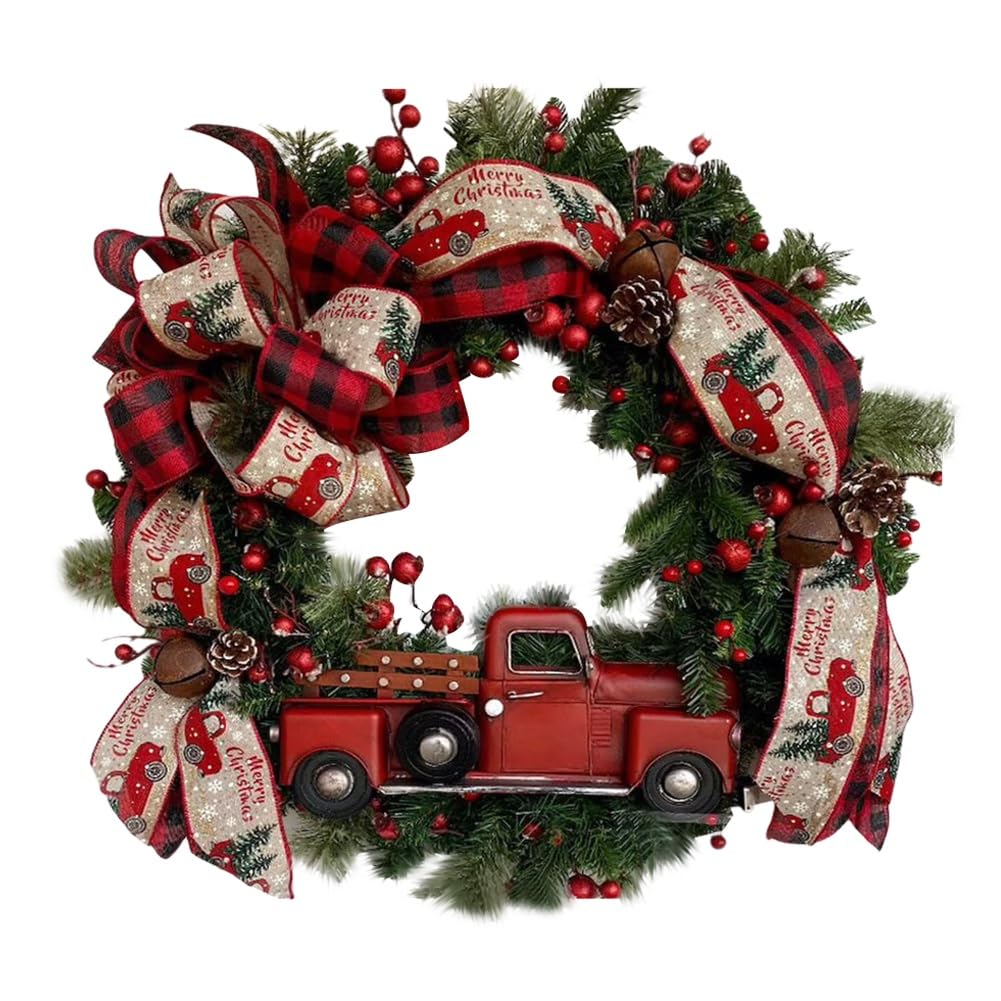 Bullpiano Couronne de Noël pour porte d'entrée, couronne de Noël camion rouge de 40 cm - Guide 360