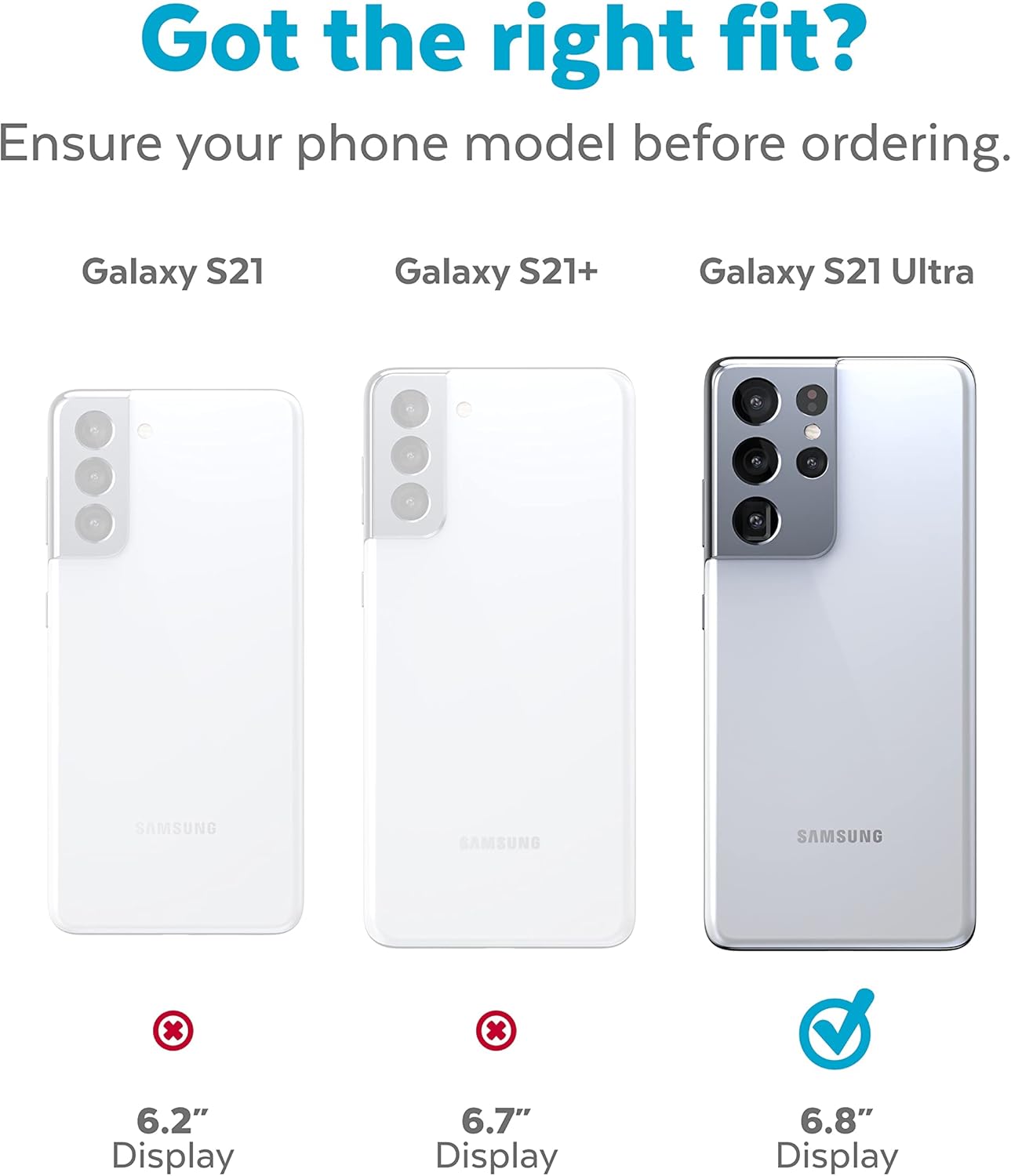 Comparison of Samsung Galaxy S21, S21+, and S21 Ultra models with checkmark on S21 Ultra
