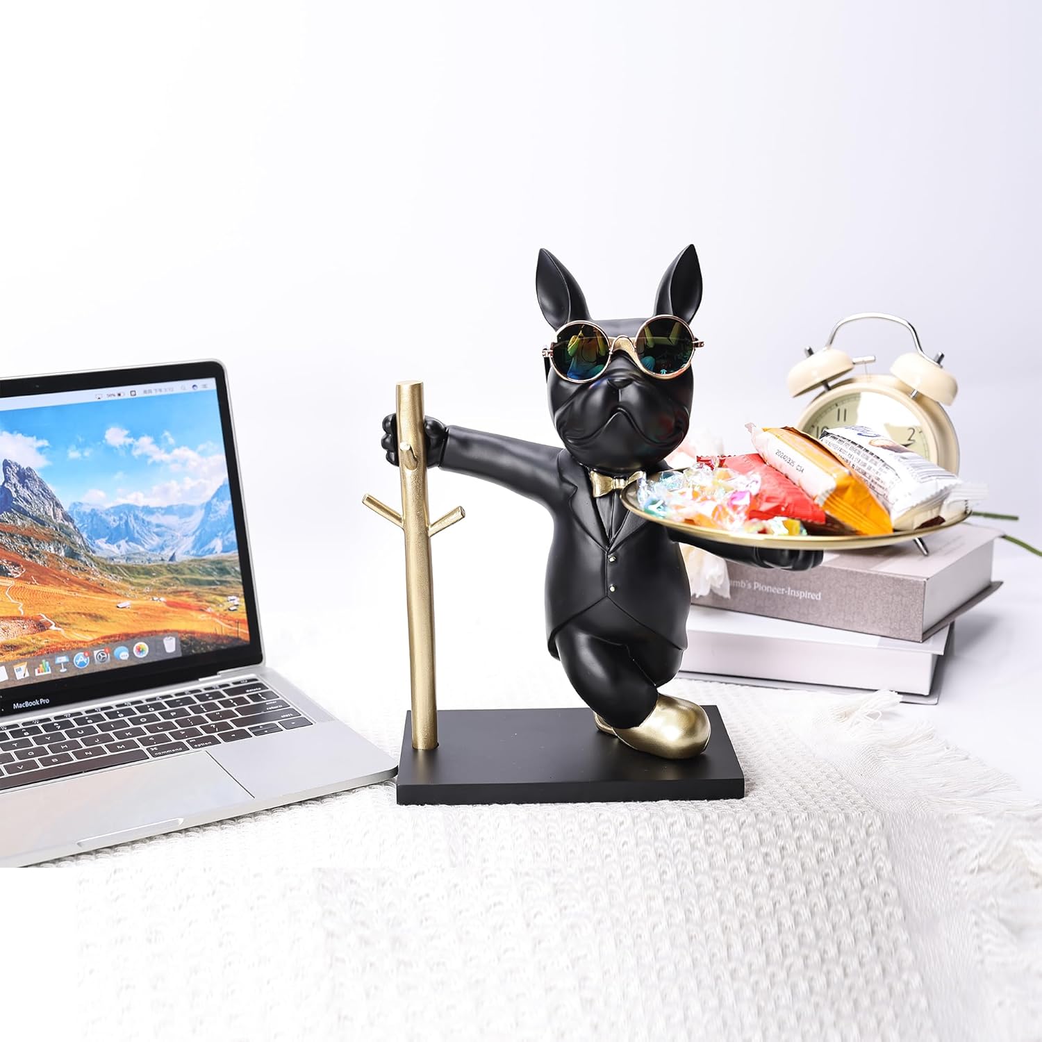 Resin Bulldog Tray Statue Storage Key Holder Candy Jewelry Earrings Tray Piggy Bank Tray Suitable for Home Decor Modern Animal Sculpture Table Decor (Black-3) - Image 4