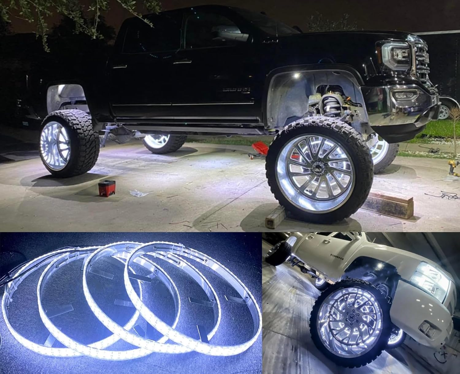 4PCS 17.5" Double Row White LED Wheel Lights - Bluetooth Control, IP68 Waterproof, Strobe/Flash/Breath Modes, Easy Installation for Truck & Car