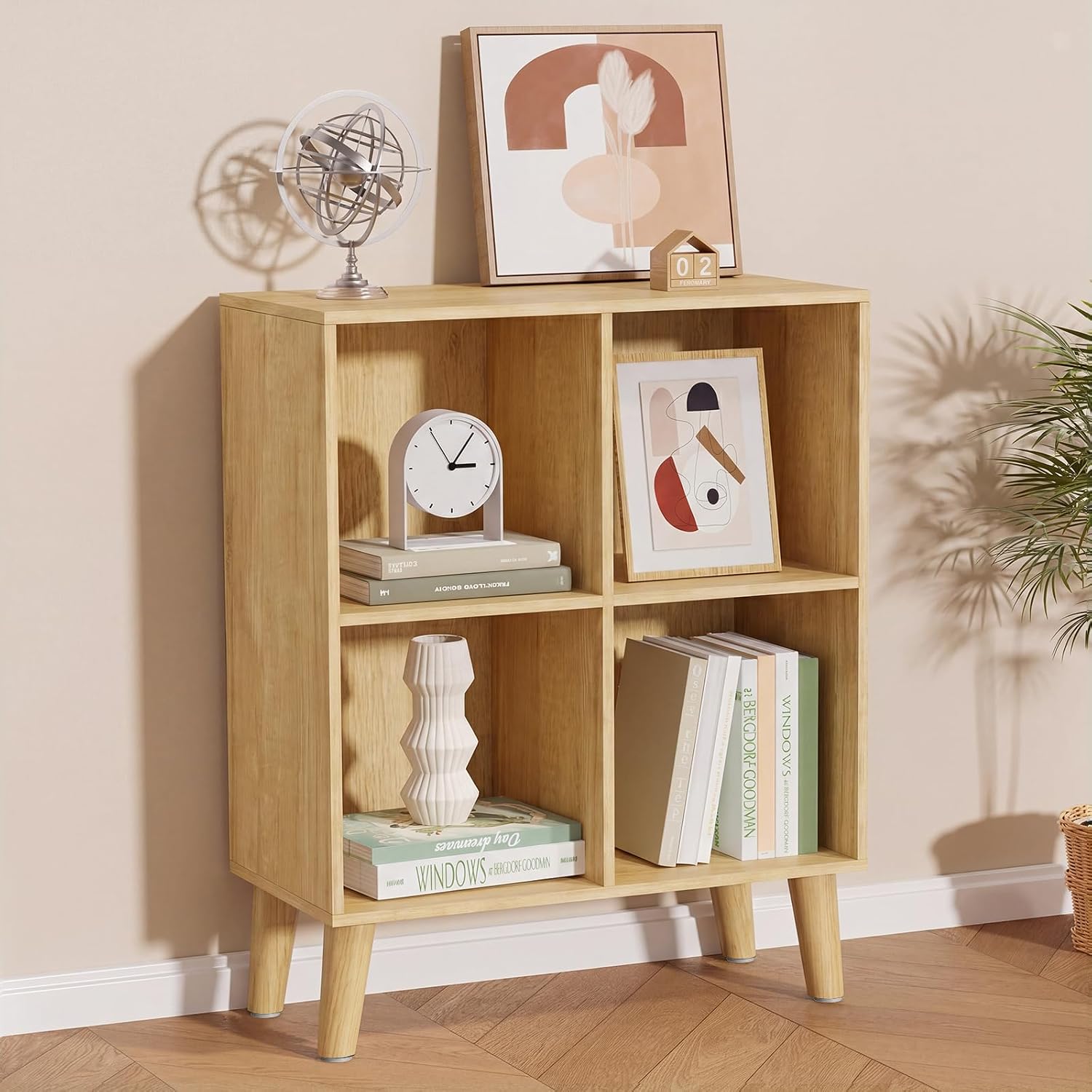 4 Cube Storage Organizer with Legs, 2 Tier Cube Low Bookcase Freestanding Storage Display Organizer for Home Office, Four-Cubes Open Shelf Short Bookshelf (Natural Oak, 4 Cube)