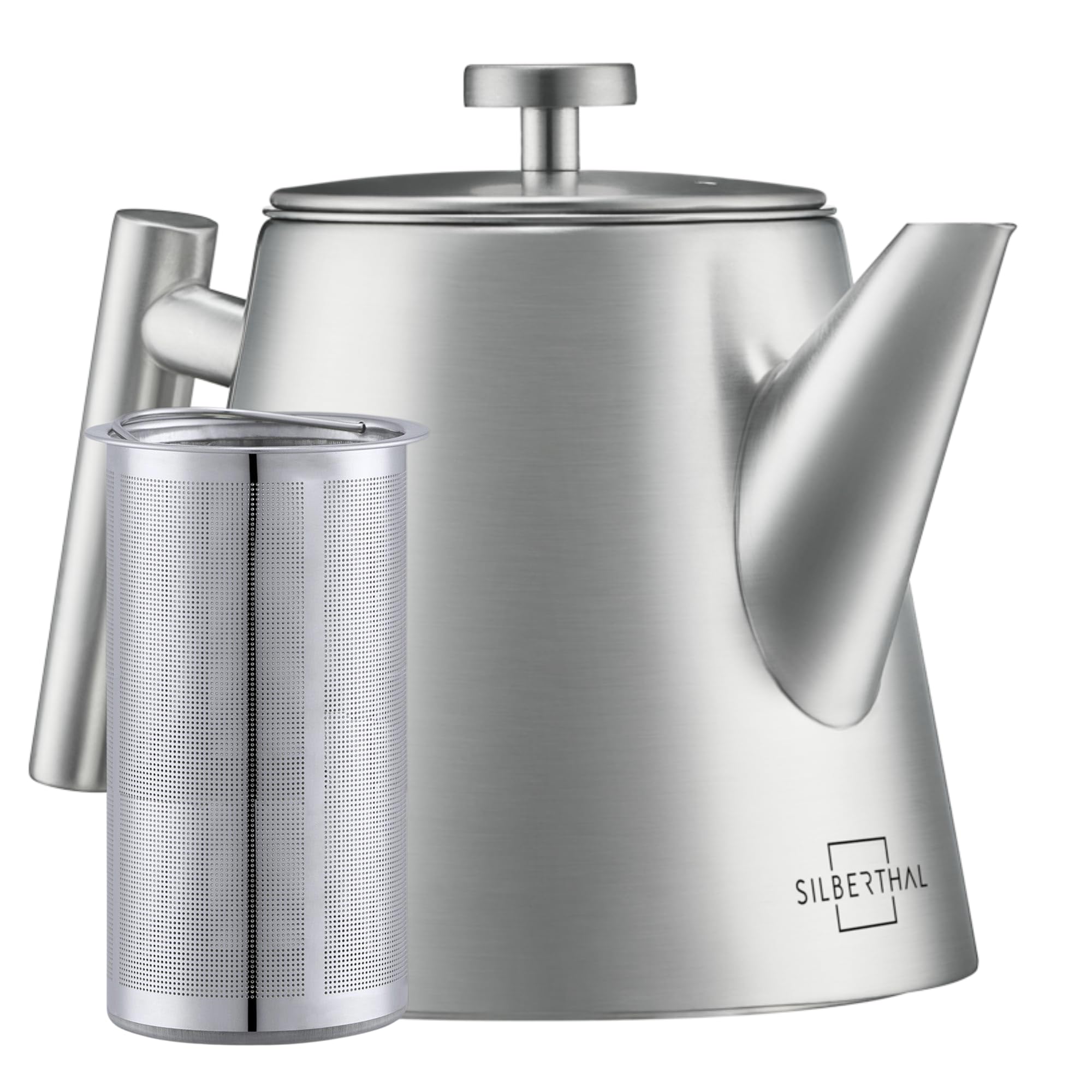 SILBERTHAL Teekanne mit Siebeinsatz (1L) Silber - Aus Edelstahl - Doppelwandige Kanne mit Deckel - Hält lange warm - Tee Geschenk