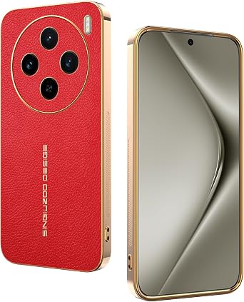 Leather Case for Vivo X100S Cover, Litchi Texture PU Leather Electroplated Frame Phone Case Shockproof Anti-Slip for Men Protective Cover Compatible with Vivo X100S Shell Red