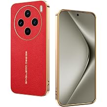 Phone Case for Vivo X200 Cover Leather & Silicone Electroplating Golden Thread Texture Case Luxury Slim Shockproof Anti-Fingerprint Protective Shell Compatibility with Vivo X200 Red
