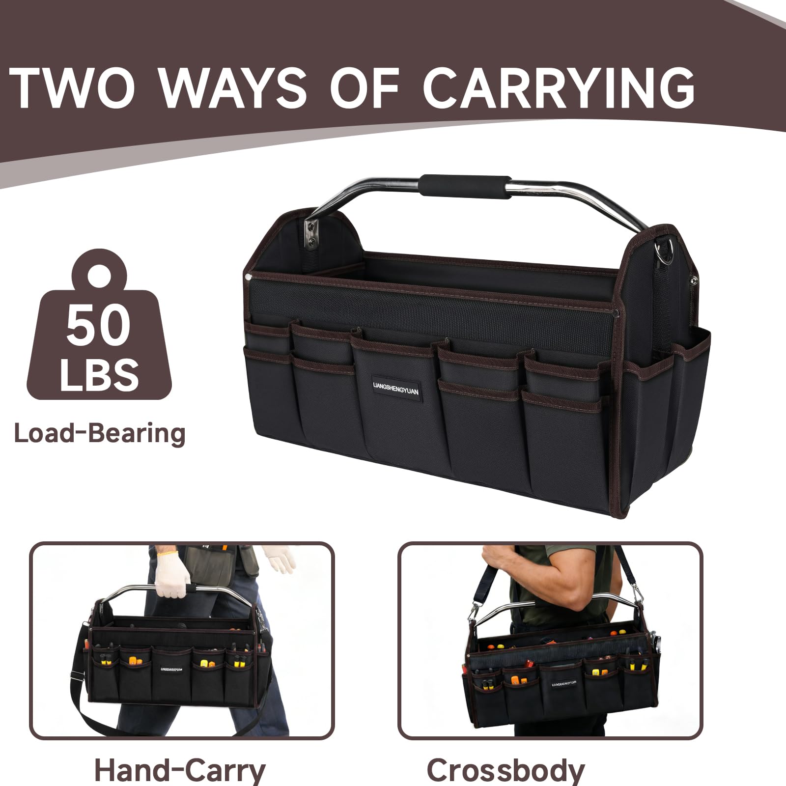 Portaherramientas de 20 pulgadas, bolsa de herramientas con parte superior abierta, 30 bolsillos, bolsa de herramientas impermeable para hombres, bolsa de herramientas plegable de boca ancha, con