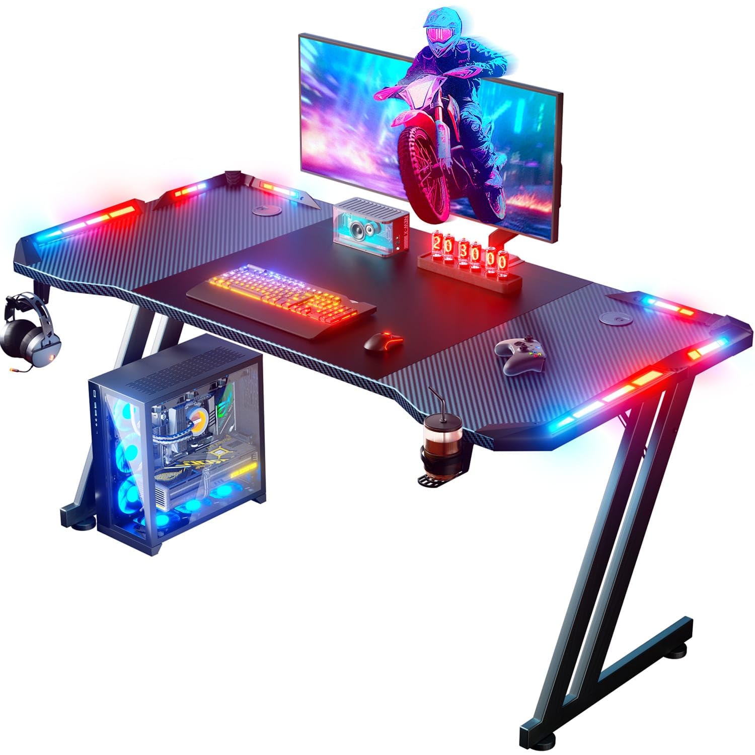 Bureau Gaming Avec LED Et Multiprise, Table Gamer, Bureau Informatique Avec Rehausseur Ecran Pour 2 Ordinateurs 60 X 120 X 76 Cm Noir Carbone 92068171