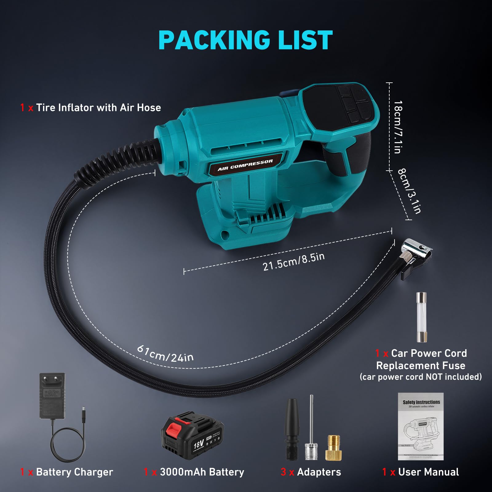 Compresor de aire portátil para baterías 18 V, máx. 11 bar, inflador automático con manómetro digital, bomba de aire para coche, moto, bicicleta, balón deportivo