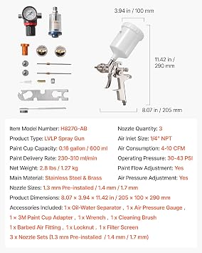 VEVOR LVLP Air Spray Gun, Gravity Feed Paint Sprayer Gun with 3 Nozzles (1.3/1.4/1.7mm), 600ml Capacity Automotive Paint Sprayer with Air Regulator for Furniture, Car Painting, Home Improvement