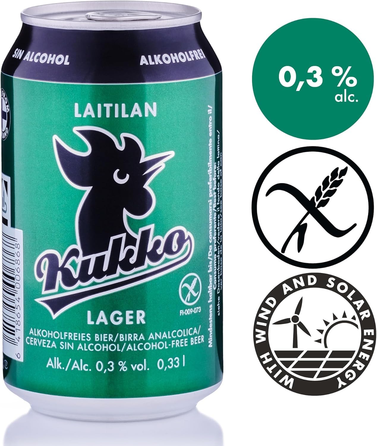 Kukko Birra Lager Analcolica – Senza Glutine – Gusto Morbido e Rinfrescante – 24 lattine da 0,33 L (2 confezioni da 12)