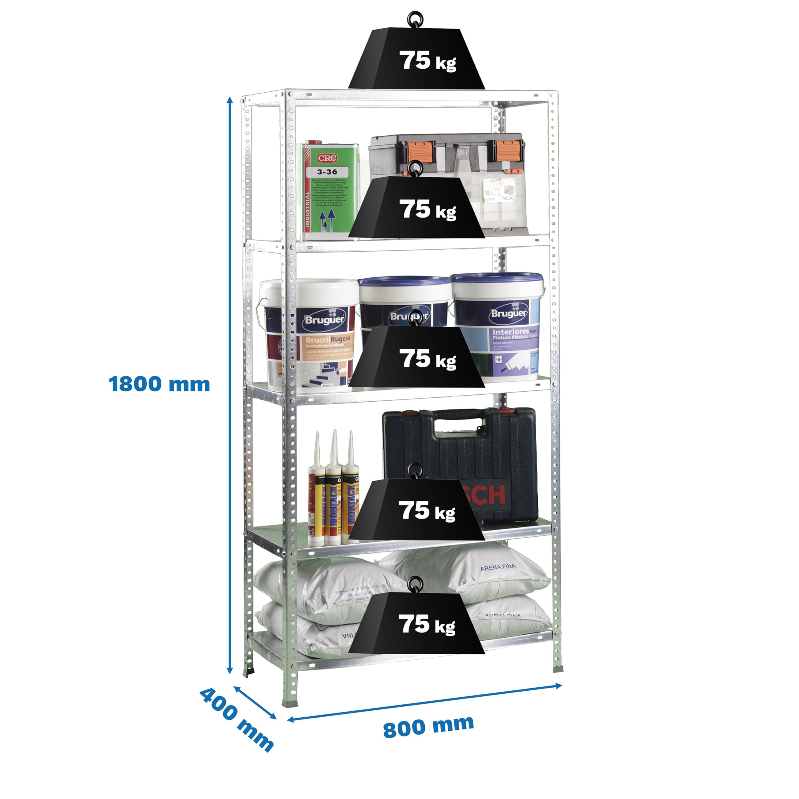 Simon Rack Étagère Métallique 1800x800x400 mm, 5 Niveaux, Tablettes en Acier, 75 kg par Niveau, Galvanisé – Advantage