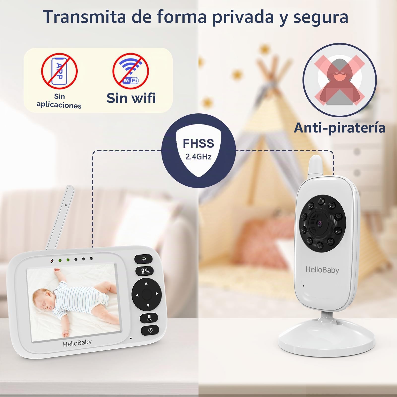 HelloBaby Camara Vigilancia Bebe Vigilabebes con Camara con Pantalla 3.2" IPS, Baby Monitor Sin WiFi,Visión Nocturna, Cable de Carga USB, VOX, Despertador, Zoom 2X, 8 Idiomas, Alcance de 300m