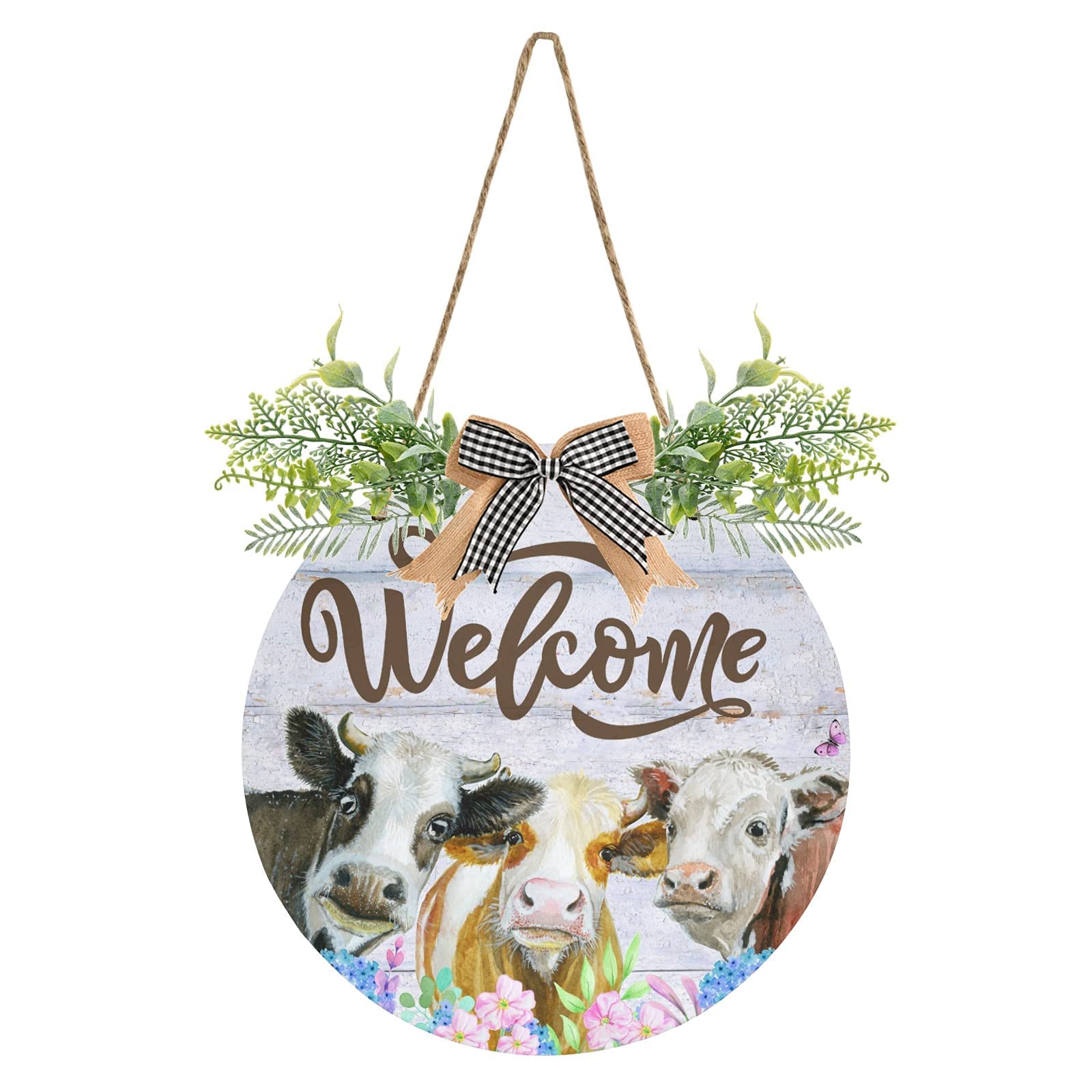 Welcome Sign for Front Door Cow Hanging Sign 12 in Home Wall Porch for Window Farmhouse Wall Porch Outdoor Yard Holiday Decoration Wreath, Rustic Purple Wood Color