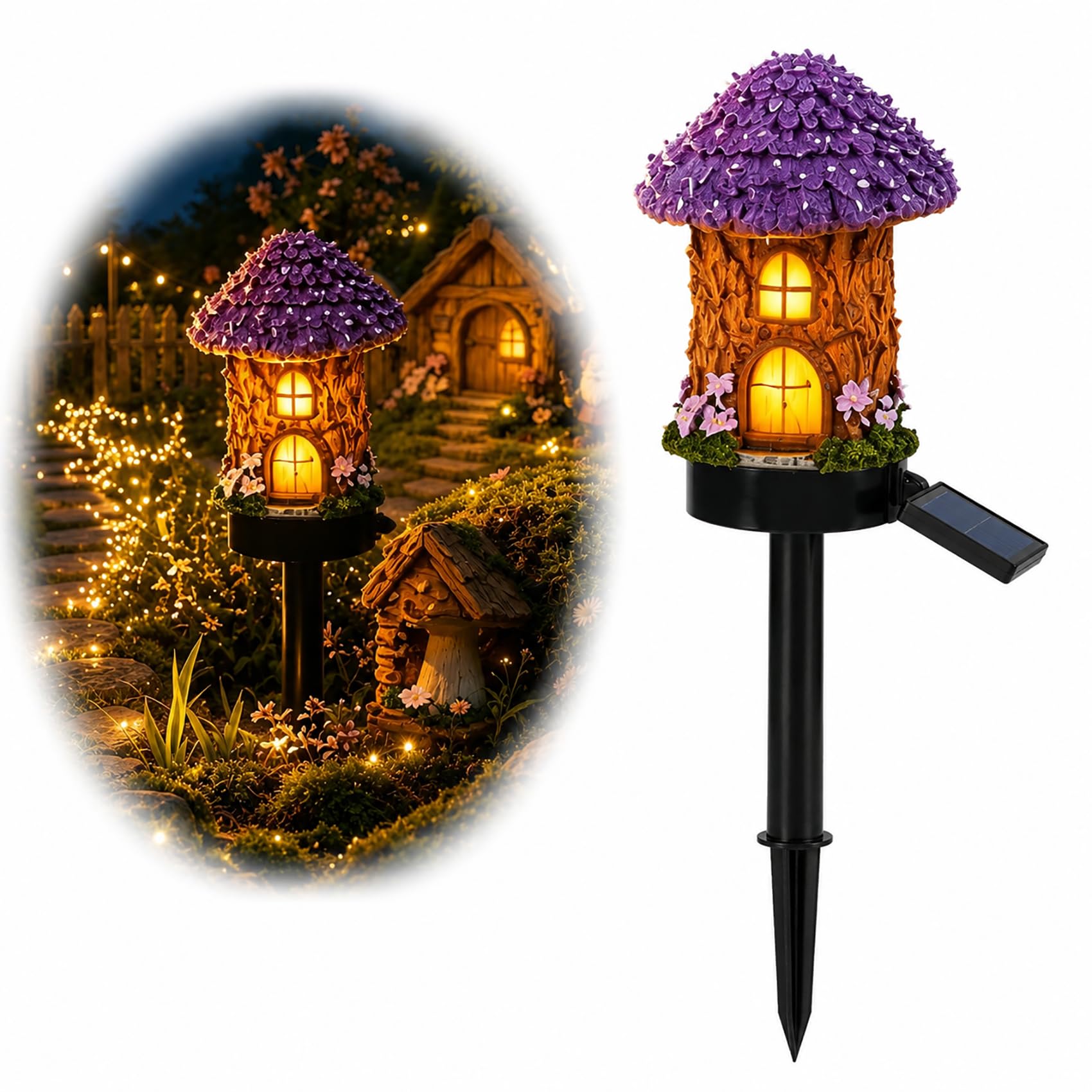 Cemssitu Solar Mushroom Cottage Garden Light, Waterproof LED Solar Garden Light with Stake, Resin Fairy Garden Stake Lights with Auto On/Off for Pathway Yard Patio Lawn Walkway (Purple)