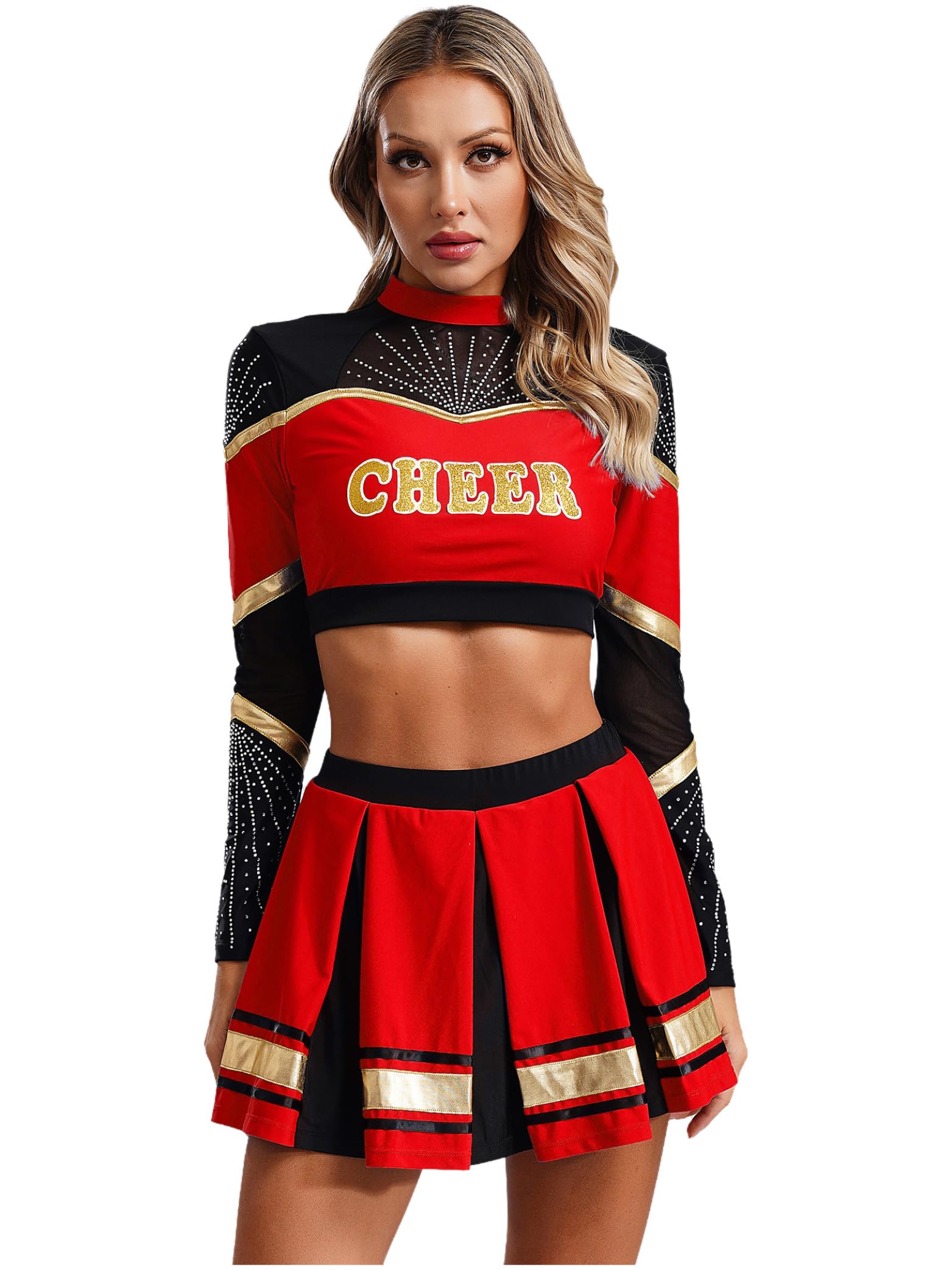 Damen Cheer Leader Kostüm Zweiteiler Crop Tops mit Faltenrock Cheerleading Uniform Tanzkleid Halloween Karneval Fasching Partykleid