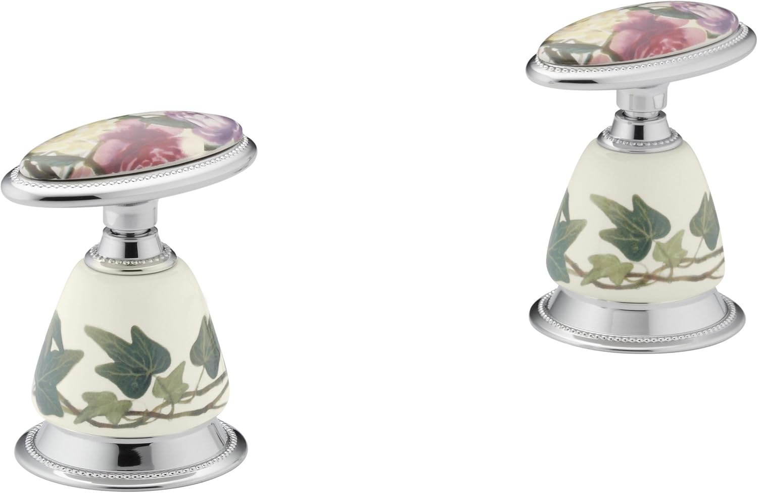 Kohler K-258-PS-96 Antique Peonies & Ivy Ceramic Handle Insets and Skirts, Biscuit