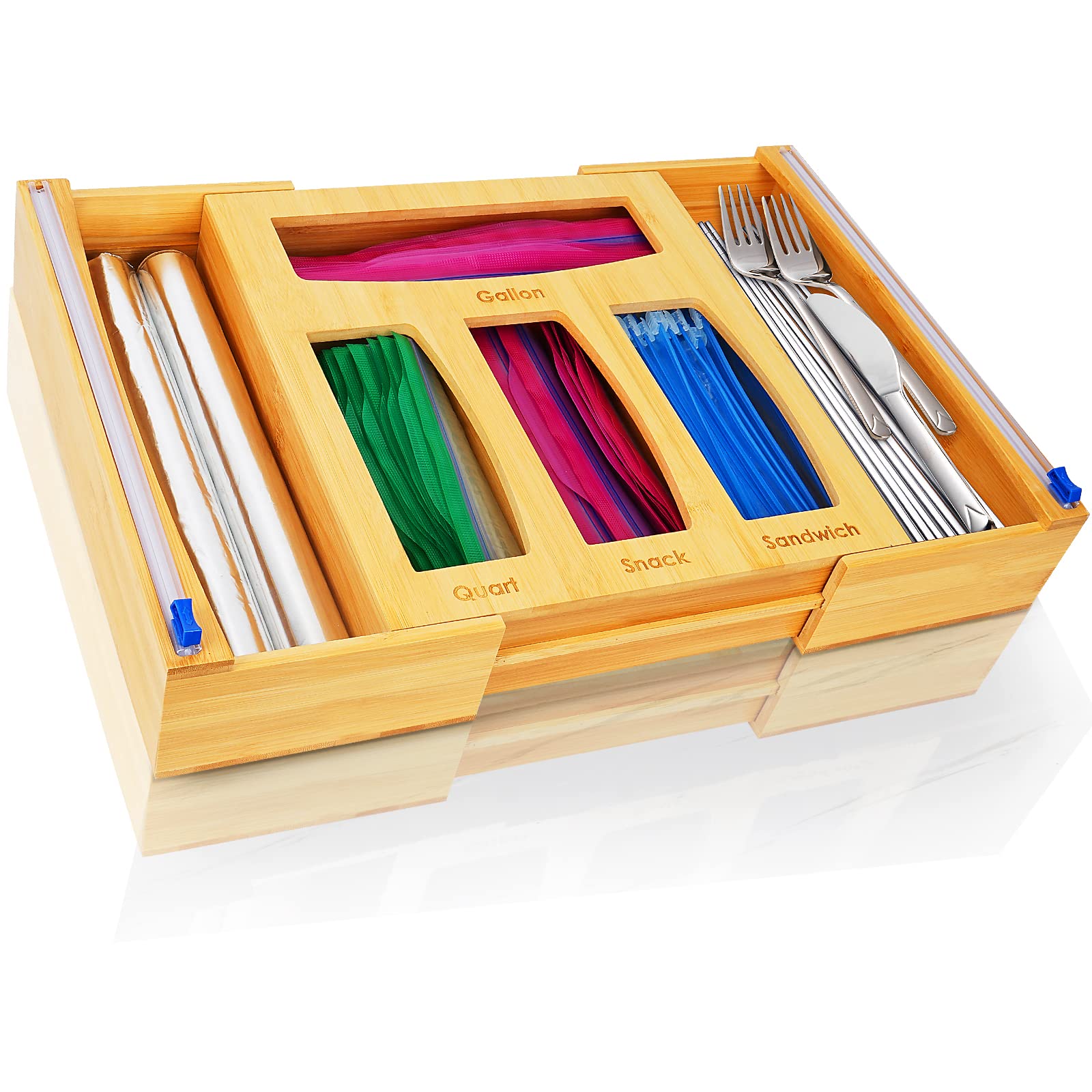 Kitchen Drawer Organizer, Expandable Ziplock Bag Storage Baggie Holder, Plastic Wrap Dispenser with Slide Cutter, Suitable Gallon, Quart, Sandwich, Snack Bag, and 12.9" Aluminum Foil & Wax Paper