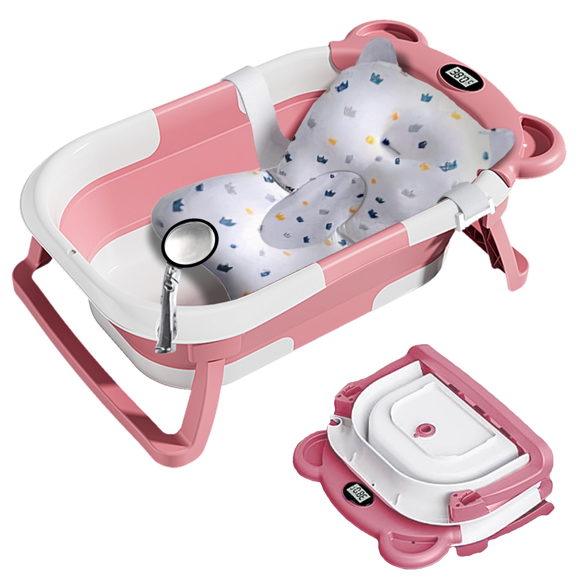 GrismireFoldable Baby Bath Tub - Newborn to Toddler Portable, Collapsible Travel, Multifunctional with Anti-Slip Mat, Drain Hole, Thermometer - Pink