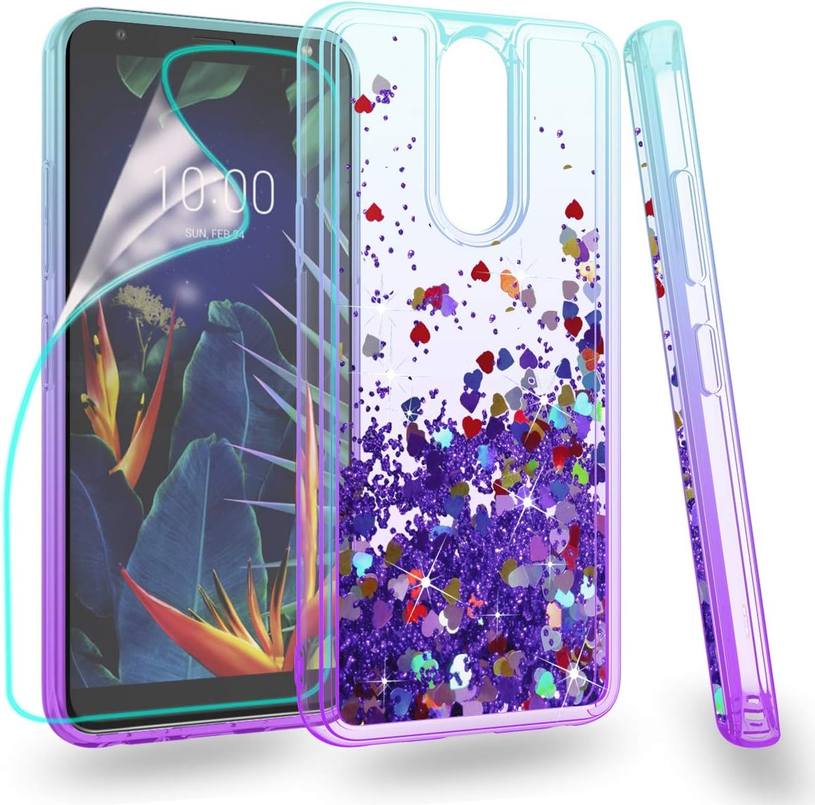 ZingCon Compatible for LG K40/K12 Plus/X4 2019/Solo LTE/Xpression Plus 2/Harmony 3 Case,[HD Screen Protector] Glitter Waterfall Quicksand Phone Case for LG K40-Lake/Purple