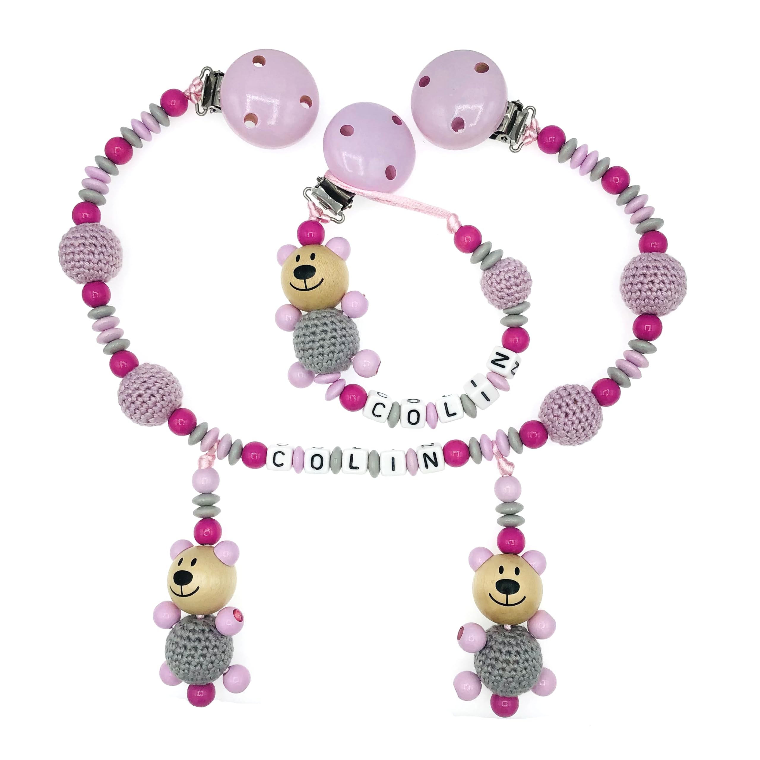 Set Nuckelkette + Kinderwagenkette mit Namen " 3D - BÄR MIT HÄKELKÖRPER/TEDDYBÄR " Rosa Hellgrau Pink/Baby/Unisex/Personalisiert/HANDMADE