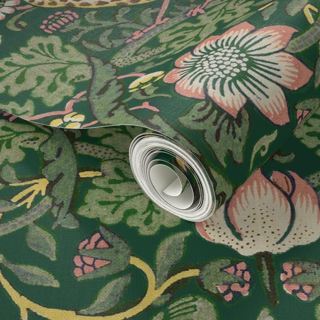 Peel & Stick Wallpaper Swatch - William Morris Victorian Antique Green Forest Garden Damask Art Nouveau Nature Birds Fruits Custom Removable Wallpaper by Spoonflower