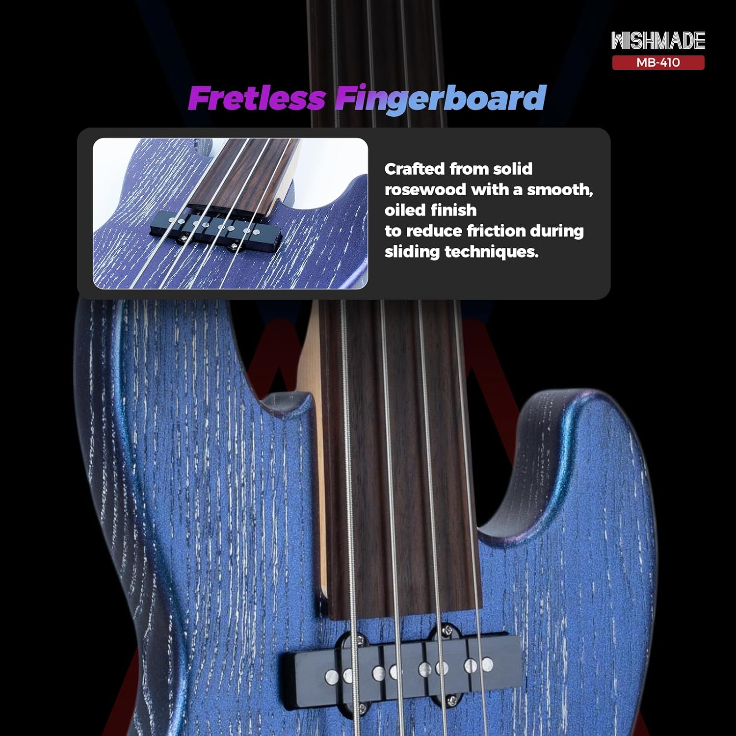 WishMade Fretless Travel Electric 4 String Bass Guitar Portable Short Scale Small Bass Guitars with Gigbag Maple Neck (Chameleon)