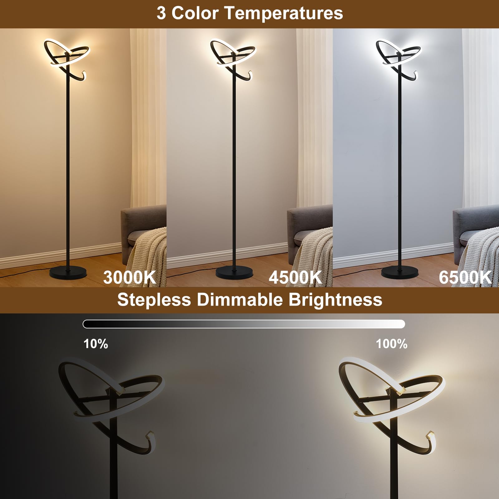 Lampadaire Moderne avec Gradation continue 3000K-6500K Lampe sur Pied avec Télécommande et Interrupteur au Pied 168cm Lampadaire sur Pied Salon 3 Couleurs Design Réglable à 180°