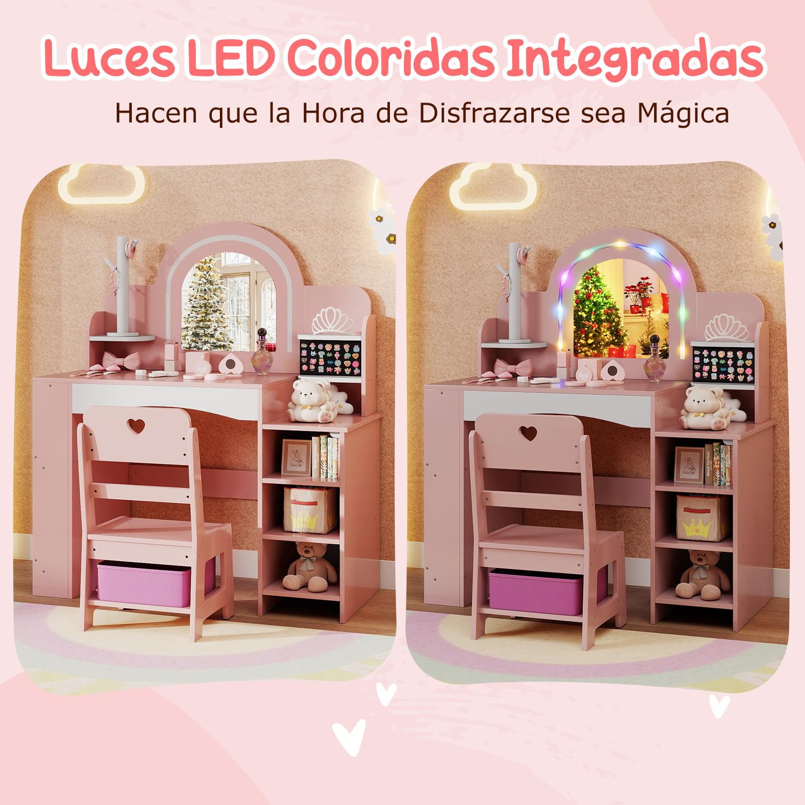 COSTWAY Tocador Niña con Espejo y Luces, Tocador de Maquillaje Niña con Estantes Abiertos, Soporte para Joyas, Estantería de 2 Niveles y Caja de Tela, Mesa de Maquillaje para Niñas de 3+ Años (Rosa)