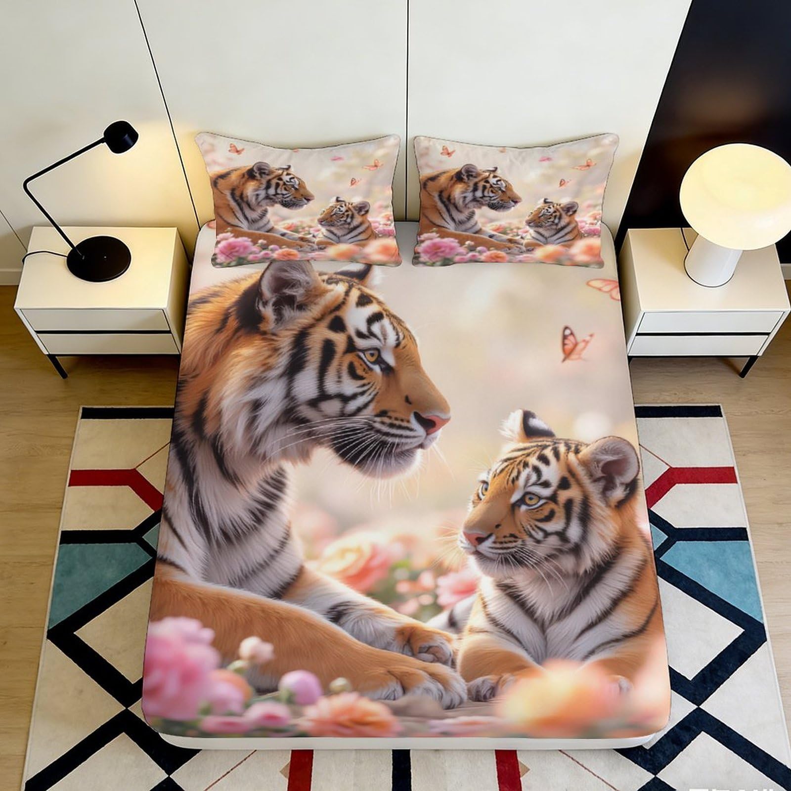 3D Printed Tiger Family Fitted Sheet Microfiber Soft Decorative Wildlife Bed Cover for Bedroom Dorm Mattress Protection 90x200x25cm