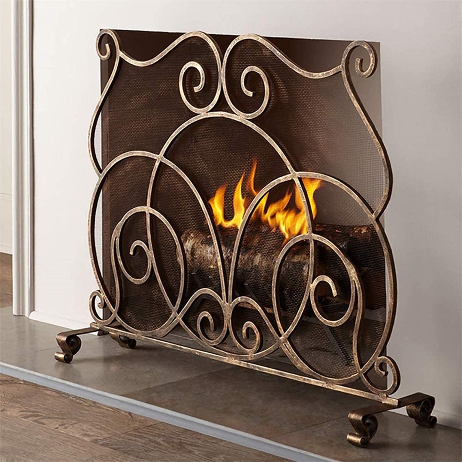 Protection de cheminée avec Motif à défilement, Grand Cadre en Fer forgé à Panneau Unique doré avec Maille pour feu Ouvert/Feux à gaz/poêle à Bois The New