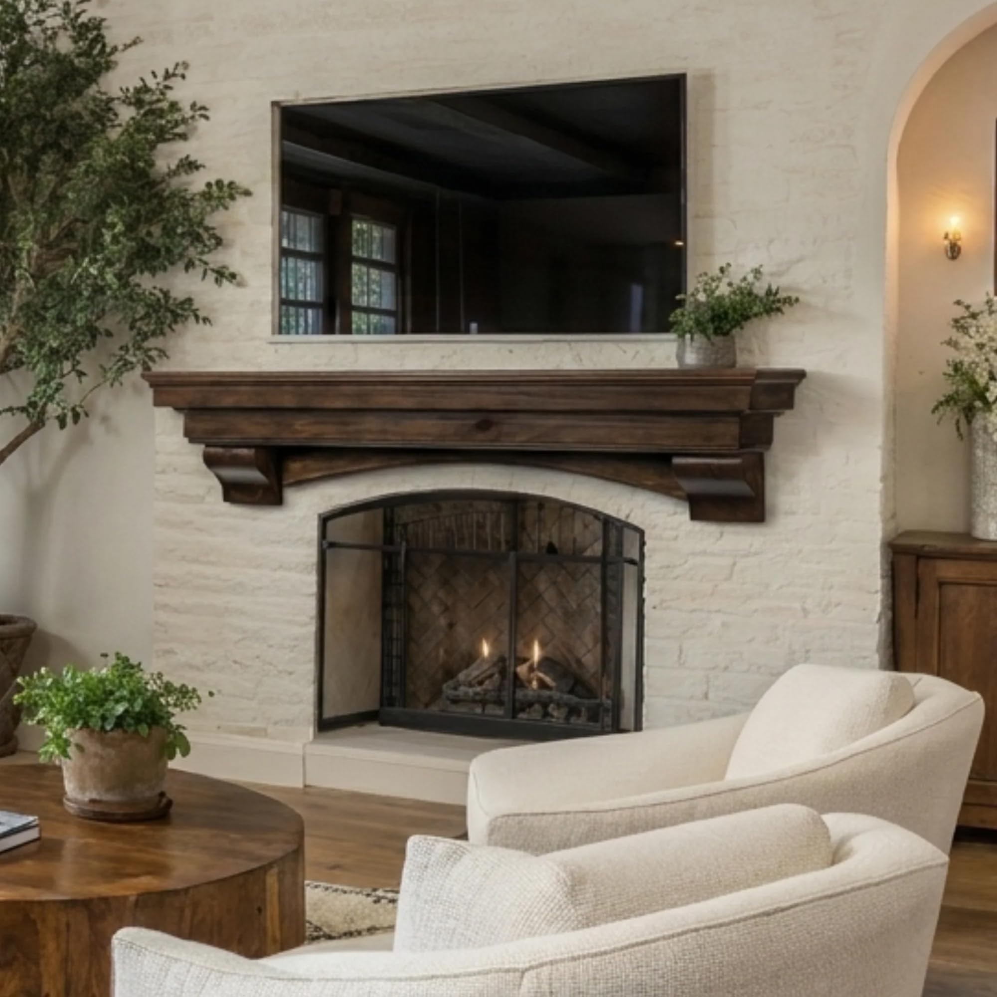 MANTELSDIRECT Salem Wood Mantel Shelf with Arched Corbels - Rosewood 60 Inch | Wooden Rustic Wall Mounted Shelf from Pine Wood - Perfect for Fireplaces, TVs &amp; Décor