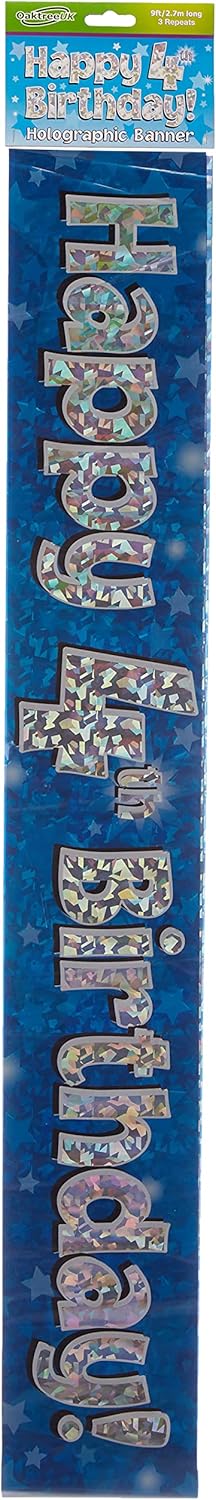 OakTree 624658" Happy 4th Birthday Foil Holographic Banner, Blue, 9 ft