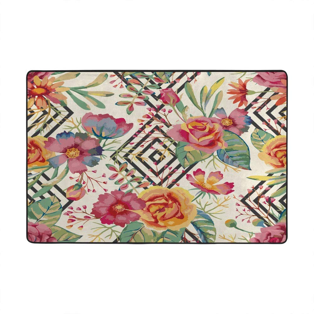Grand tapis de sol antidérapant motif floral lavable facile à nettoyer