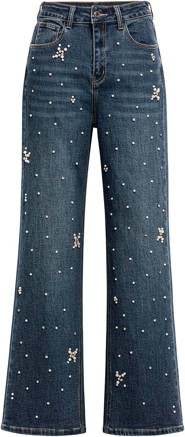 Women's High Waisted Wide Leg Denim Jeans - Dark Wash with White Pearl Star Embellishments Casual Trendy Jeans