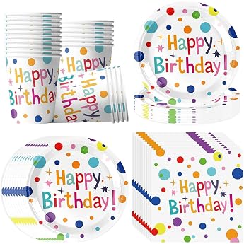 Large Colourful Dots Birthday Party Tableware for 20 Guests 60 Pieces Happy Birthday Party Plates Party Tableware Set Includes Plates Napkins and Paper Cups Paper Plates Children's Birthday