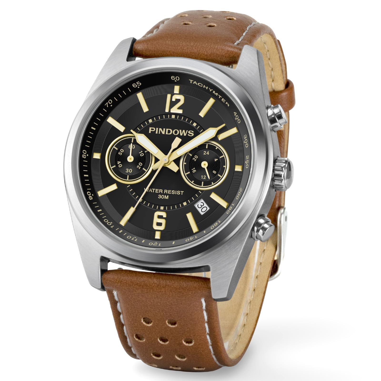 PINDOWS Orologio da polso da uomo, in pelle nero-marrone, cronografo, orologi al quarzo alla moda