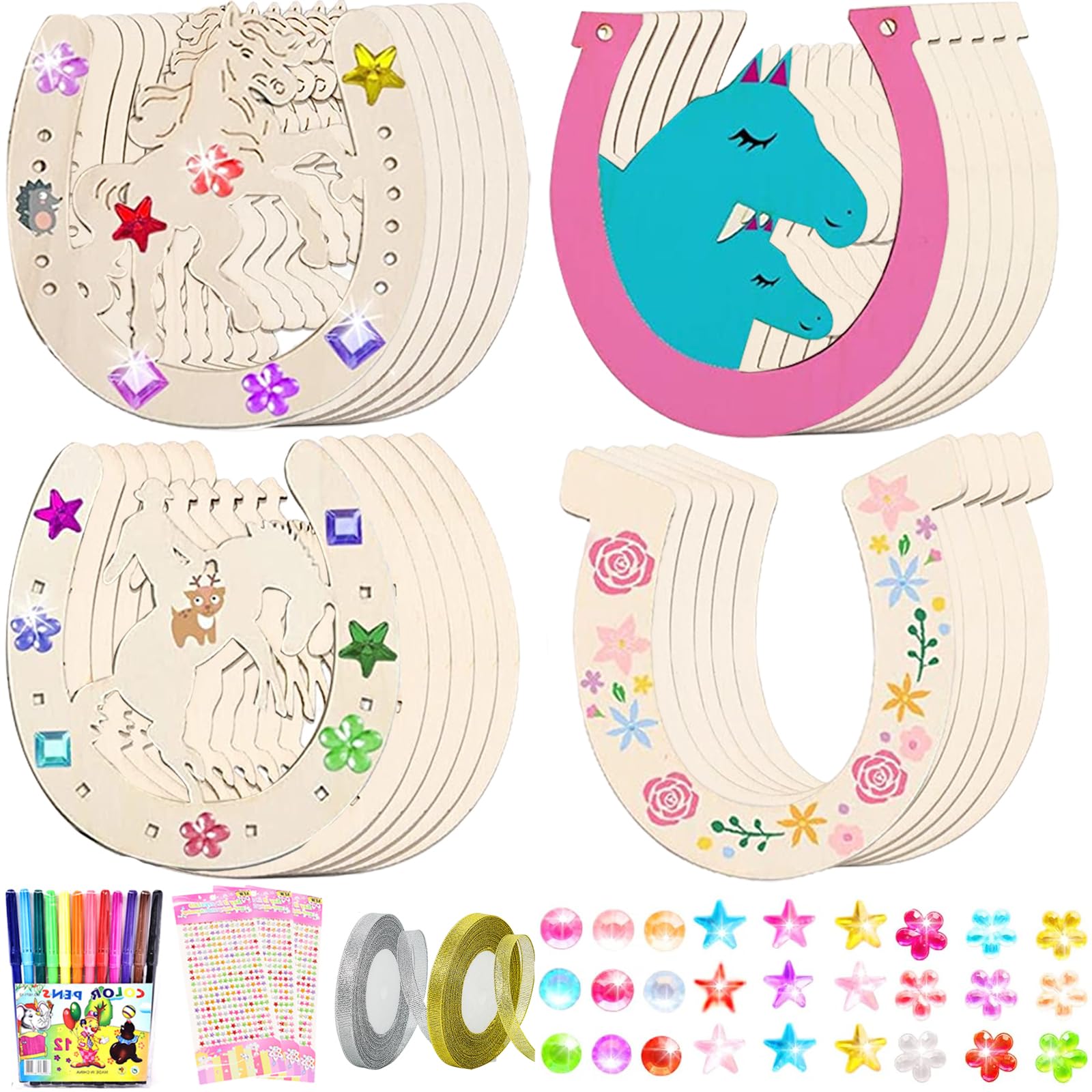 Herraduras de Madera,24pcs Forma de Herradura de Madera Artesanía,Herradura de Madera Decoraciones Herraduras Forma Rebanadas Madera,Juego de Manualidades para Pintar Con Pinturas Acrílicas y Pinceles