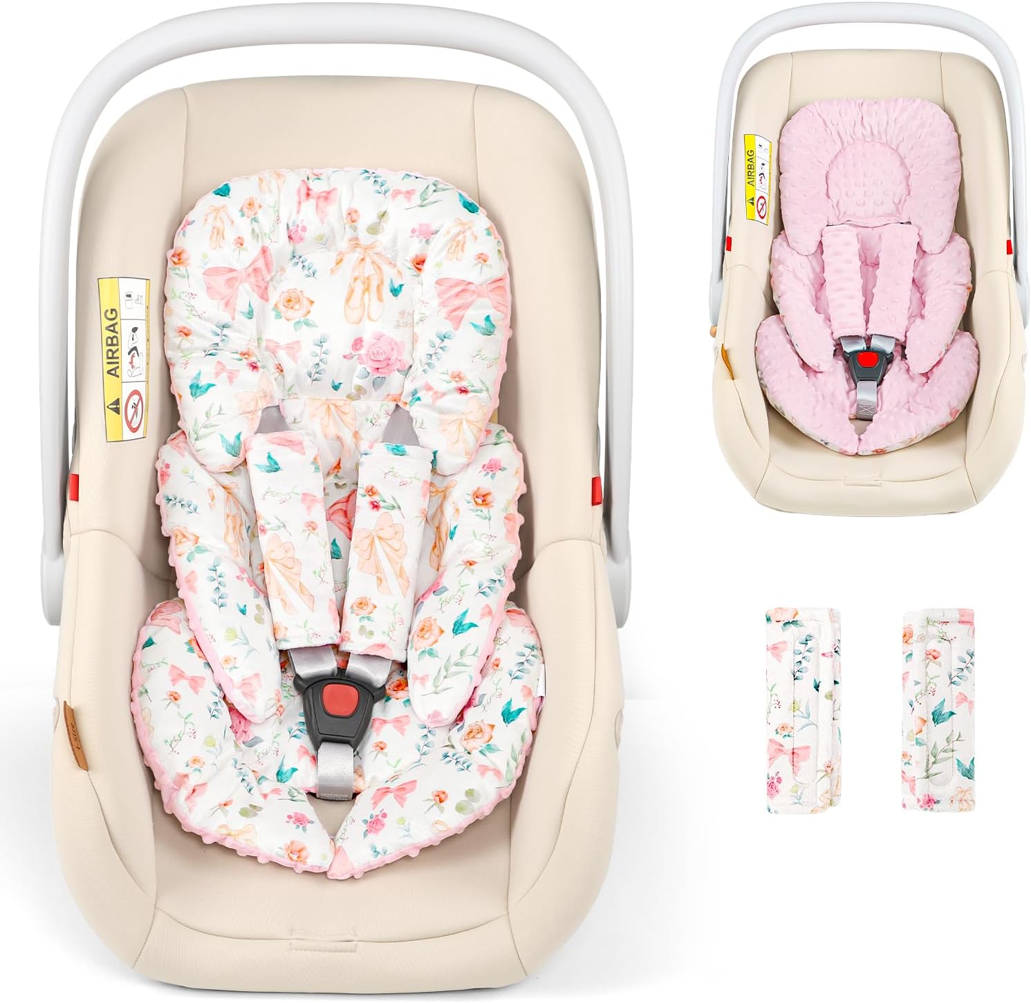 GFU Infant Car Seat Insert Head and Body Support, Reversible Newborn Insert for Carseat with Strap Pads, Soft Stroller Cushion Pillow Insert for Boys and Girls, Fits for Stroller, Swing, Pink Bow