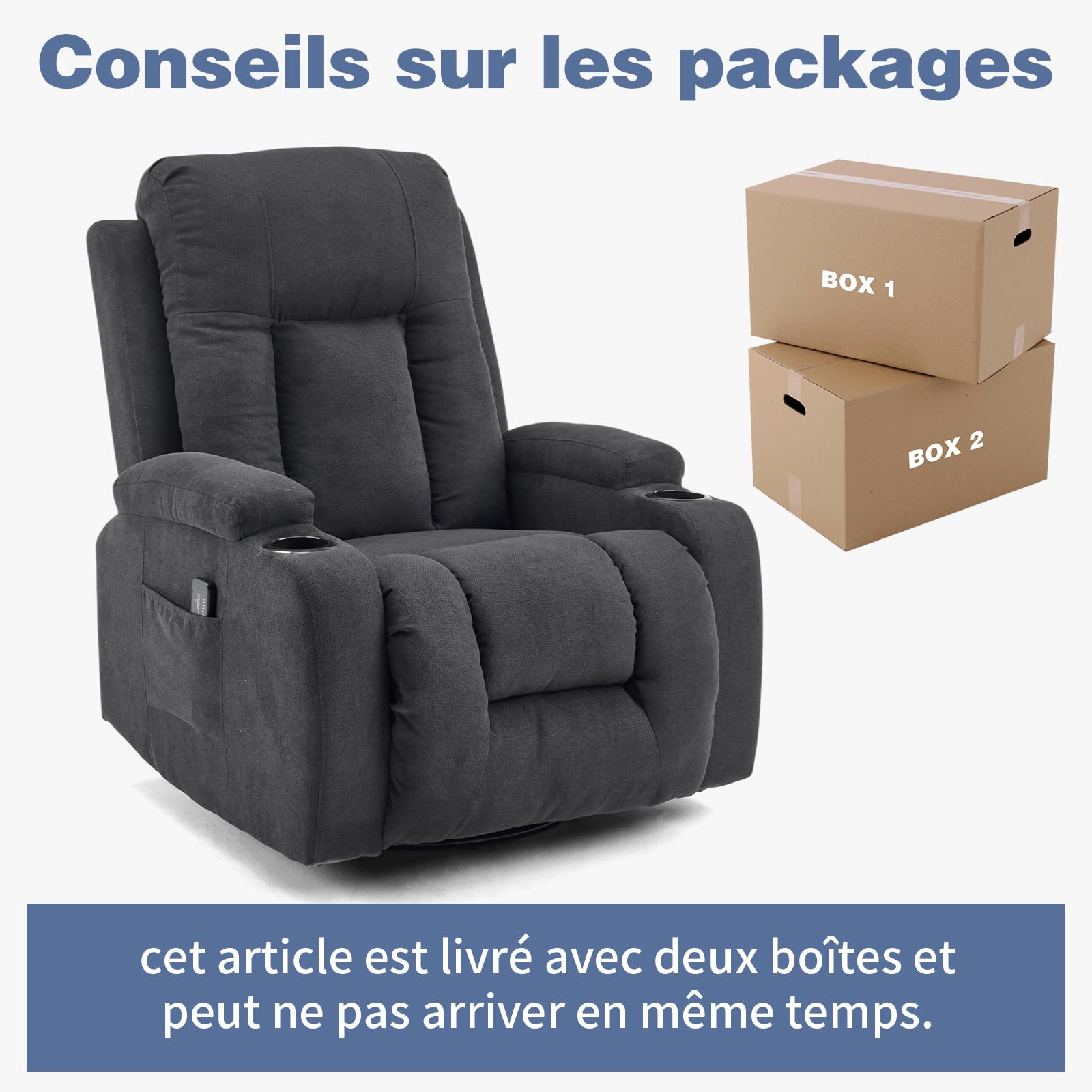 LEADZM Fauteuil Relax avec Fonction électrique Massage,avec 360° Chaleu et Tourner Réglage Manuel de Inclinaison Fauteuil Relaxant avec Repose-Pied,Télécommandes,Noir