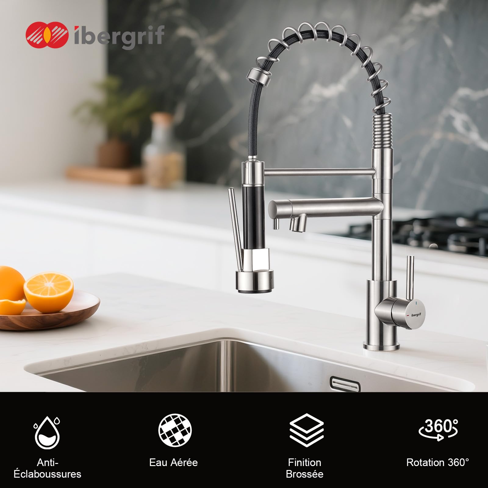 Ibergrif Mitigeur Robinet Cuisine avec Douchette 2 Jets 360° Pivotant, Double Bec Professionnel, Acier Inox