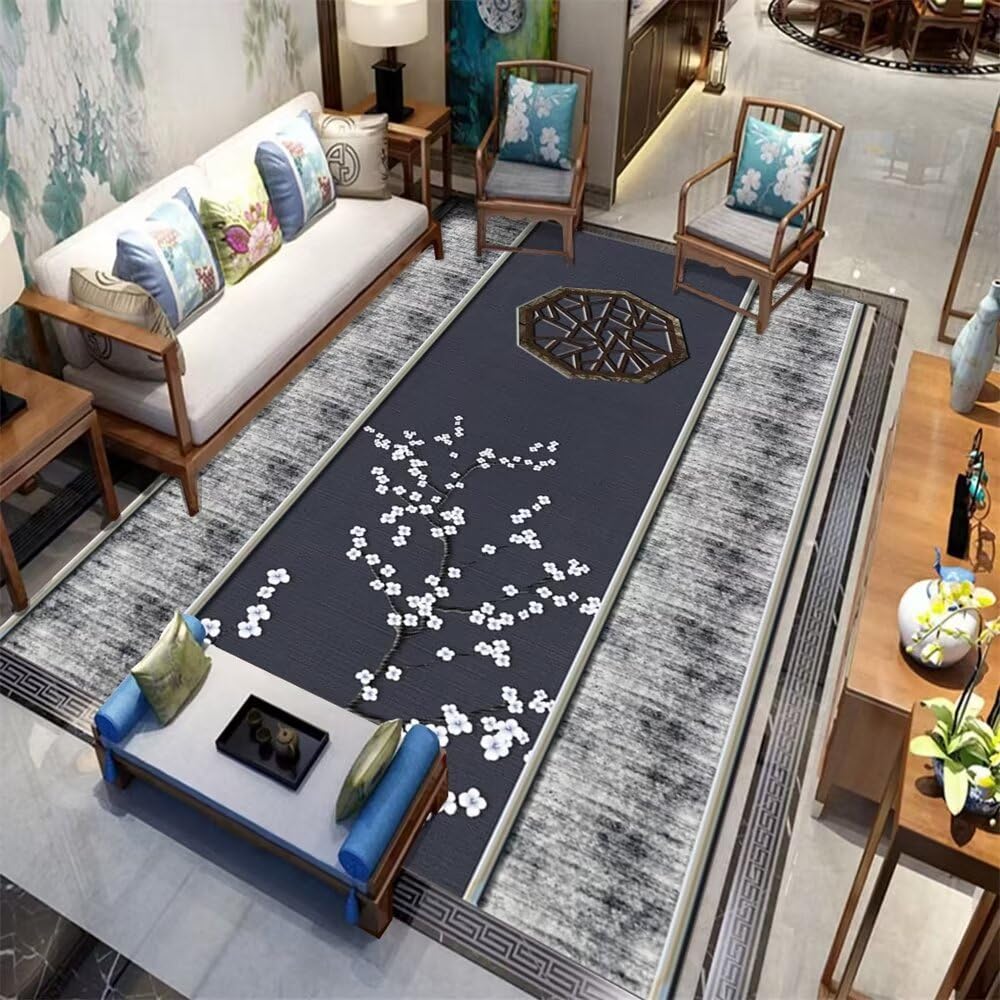 Tapis de salon gris 160x230cm à motif fleur chinoise antidérapant