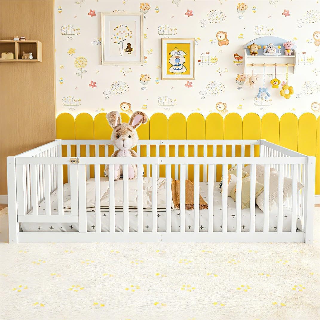 Bellemave Queen Floor Bed Frame, Queen Floor Bed with 23.5" High Safety Rail & Removable Door, Solid Pine Wood Low Profile Montessori Floor Bed Frame