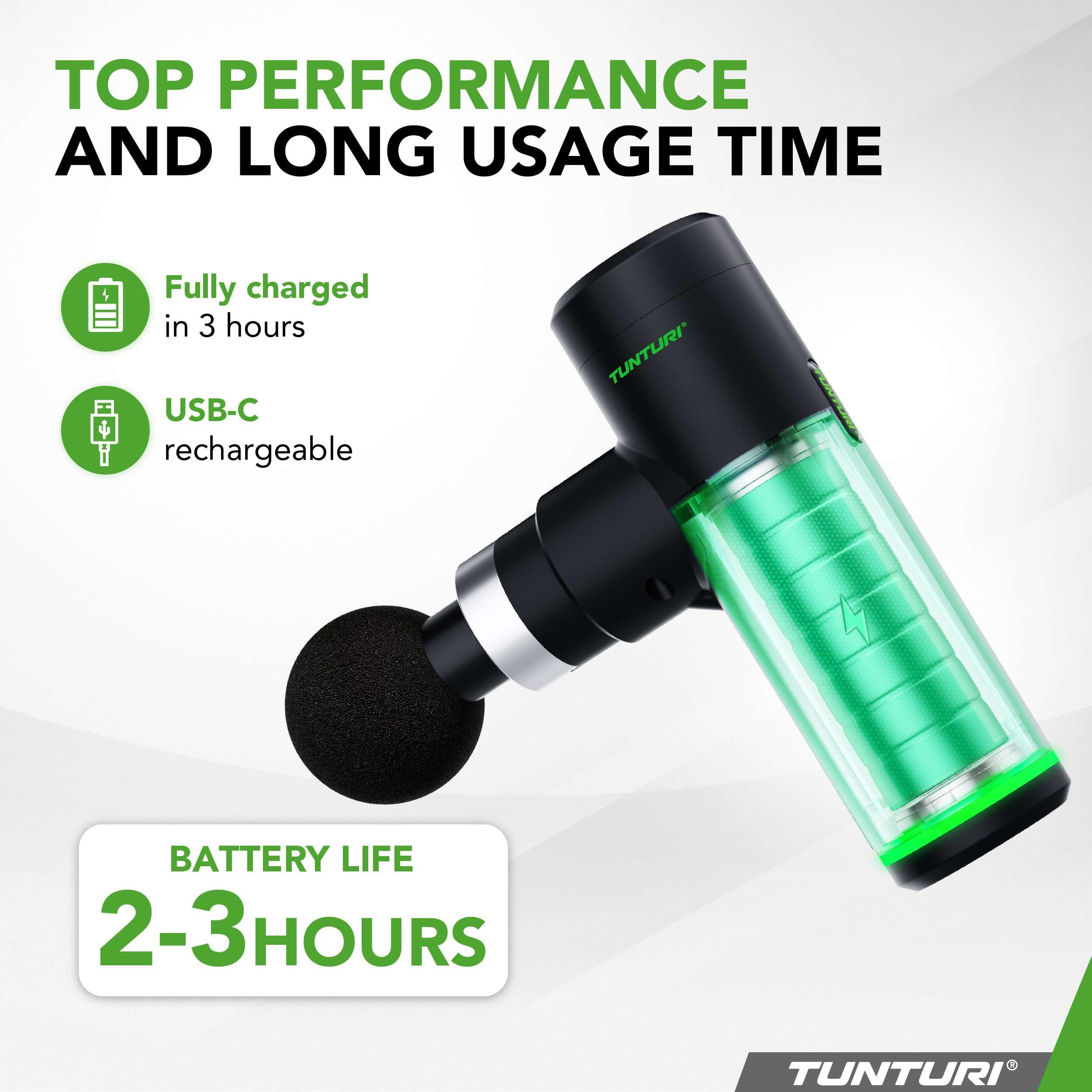 Tunturi Massage Gun Mini - Appareil de massage - Pistolet de massage - Rechargeable - 4 accessoires et étui inclus