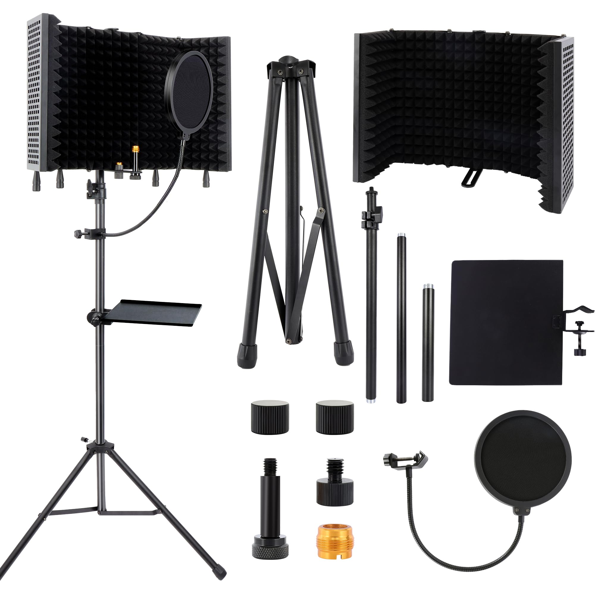 Studio Recording Microphone Isolation Shield with Pop Filter & Tripod Stand, High Density Absorbent Foam to Filter Vocal