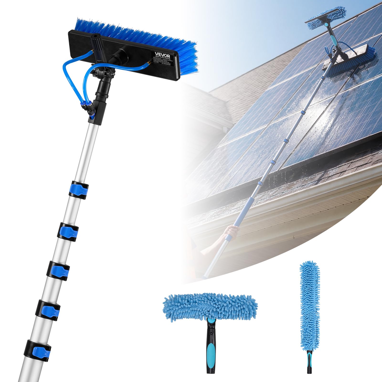 VEVOR Kit de Limpieza de Paneles Solares con Pértiga Telescópica 10 m, Cabezal Giratorio, Suministro de Agua, Dispensador de Jabón, Kit de Cepillo de Limpieza con Manguera 20 m para Terrazas Ventanas