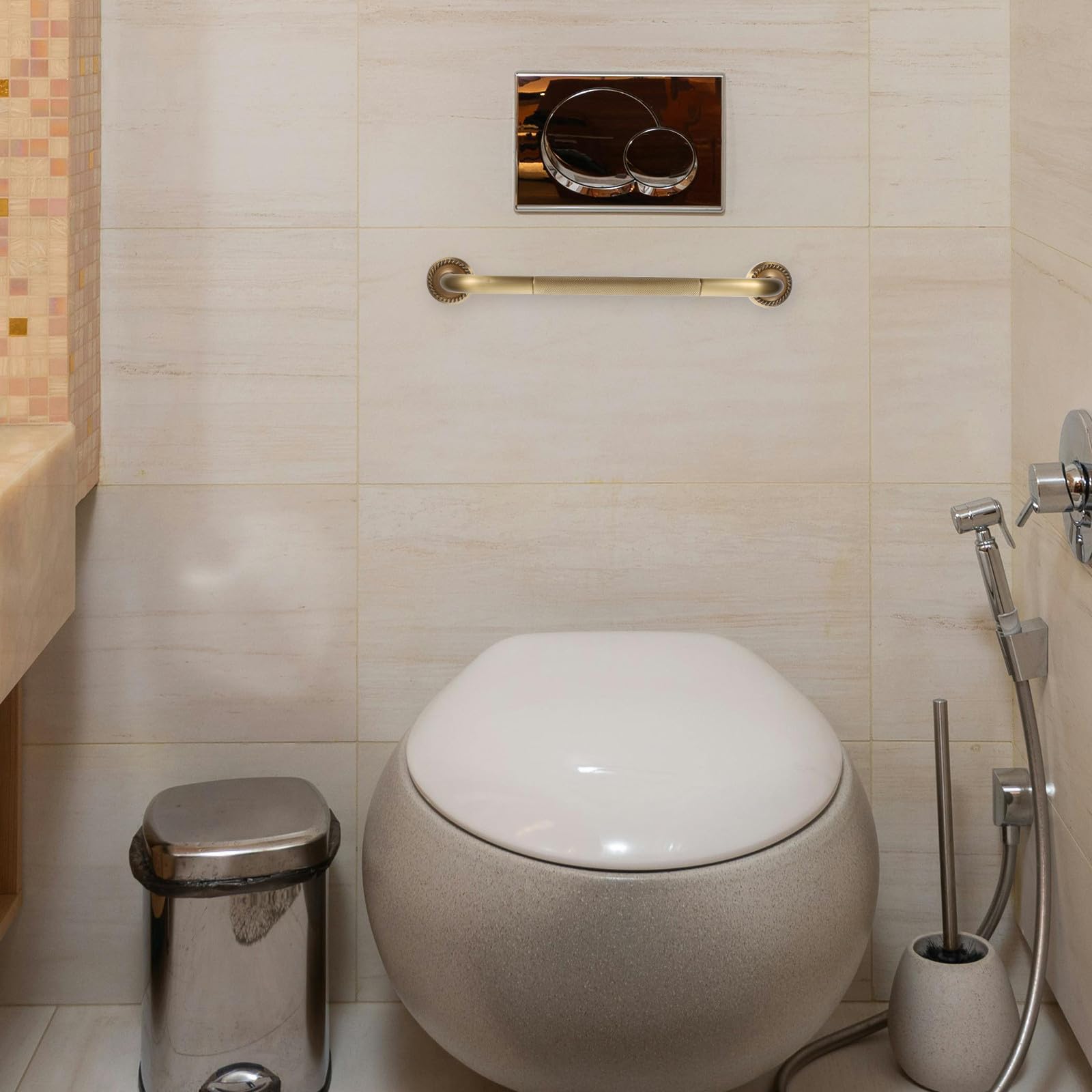 Barra de Apoyo para Ducha y Bañera Antideslizante de Cobre Dorado, Montaje en Pared Diseño Ergonómico para Seguridad de Personas Mayores