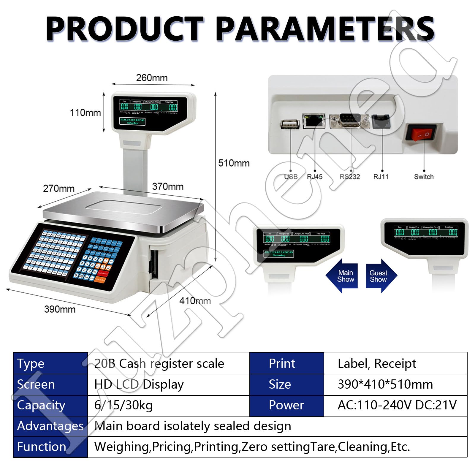 Balanza Digital Profesional, Bascula Comercial con Ticket, Báscula Digital de Alta precisión con Doble Pantalla, para supermercado, Tienda minorista, pesaje de almacén Machine