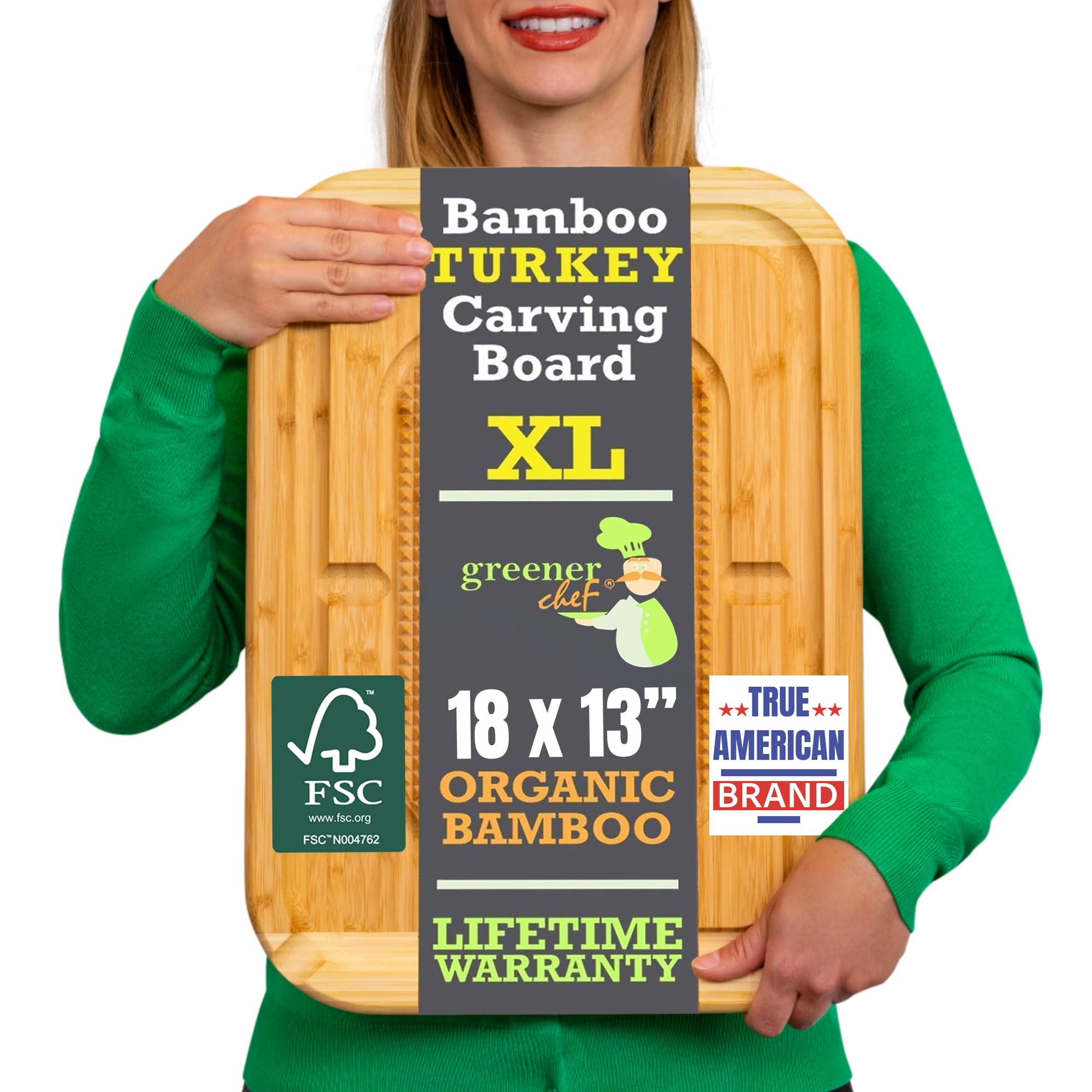 GREENER CHEF 18 Inch Extra Large Organic Turkey Carving Board with Lifetime Replacements - XL Wooden Butcher Block Meat Cutting Board with Pour Spout