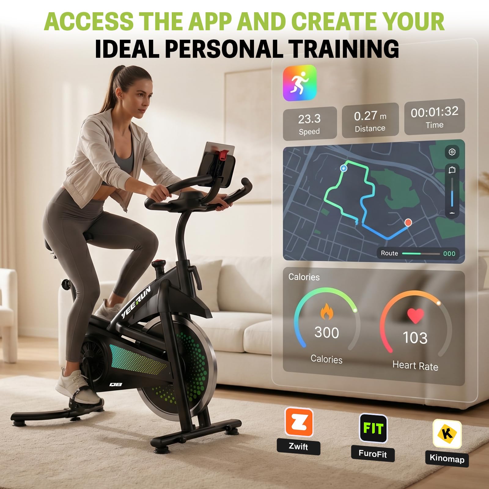 Bicicleta estática Q8 silenciosa de frenado magnético | Resistencia 0-100% ajustable | Pantalla LCD multifunción | Pulsómetro | Asiento/manillar ajustables | Parada de emergencia | 150KG máx.