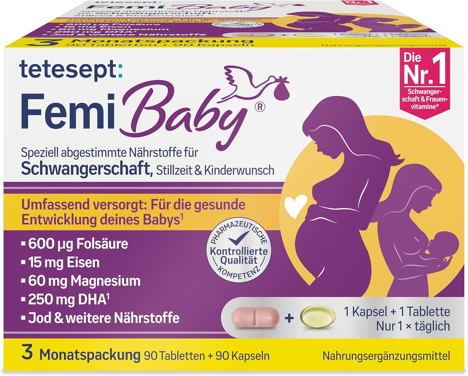 tetesept Femi Baby – 16 Nährstoffe für Kinderwunsch, Schwangerschaft & Stillzeit – mit Folsäure, Eisen, Jod + DHA – 1 x 3 Monatspackung à 90 Tabletten + 90 Kapseln – NEU